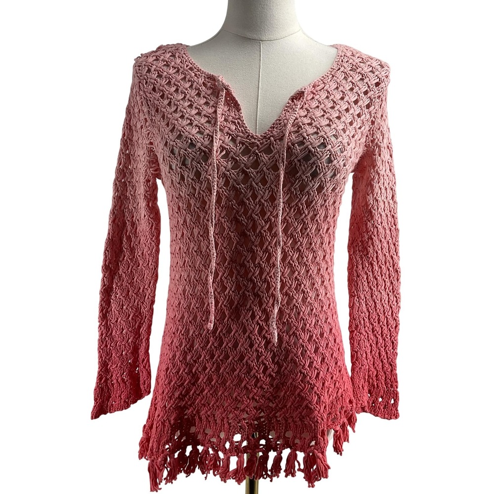 Tommy Bahama Sweater Pullover Womens M Pink 100% Cotton‎ Hooded Open Tasseled